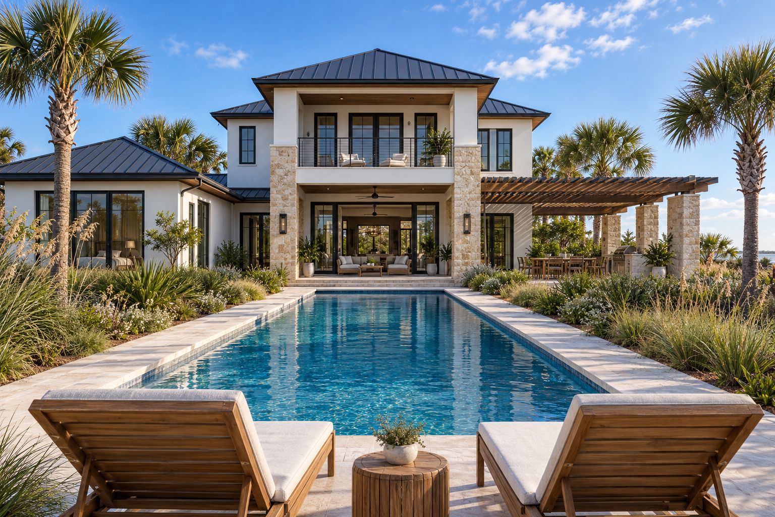 A two-story coastal custom home with a pool courtyard, palms and sea oats, in morning light. Illustrative concept render.