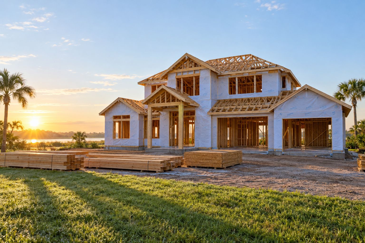 A timber-framed home under construction at sunrise