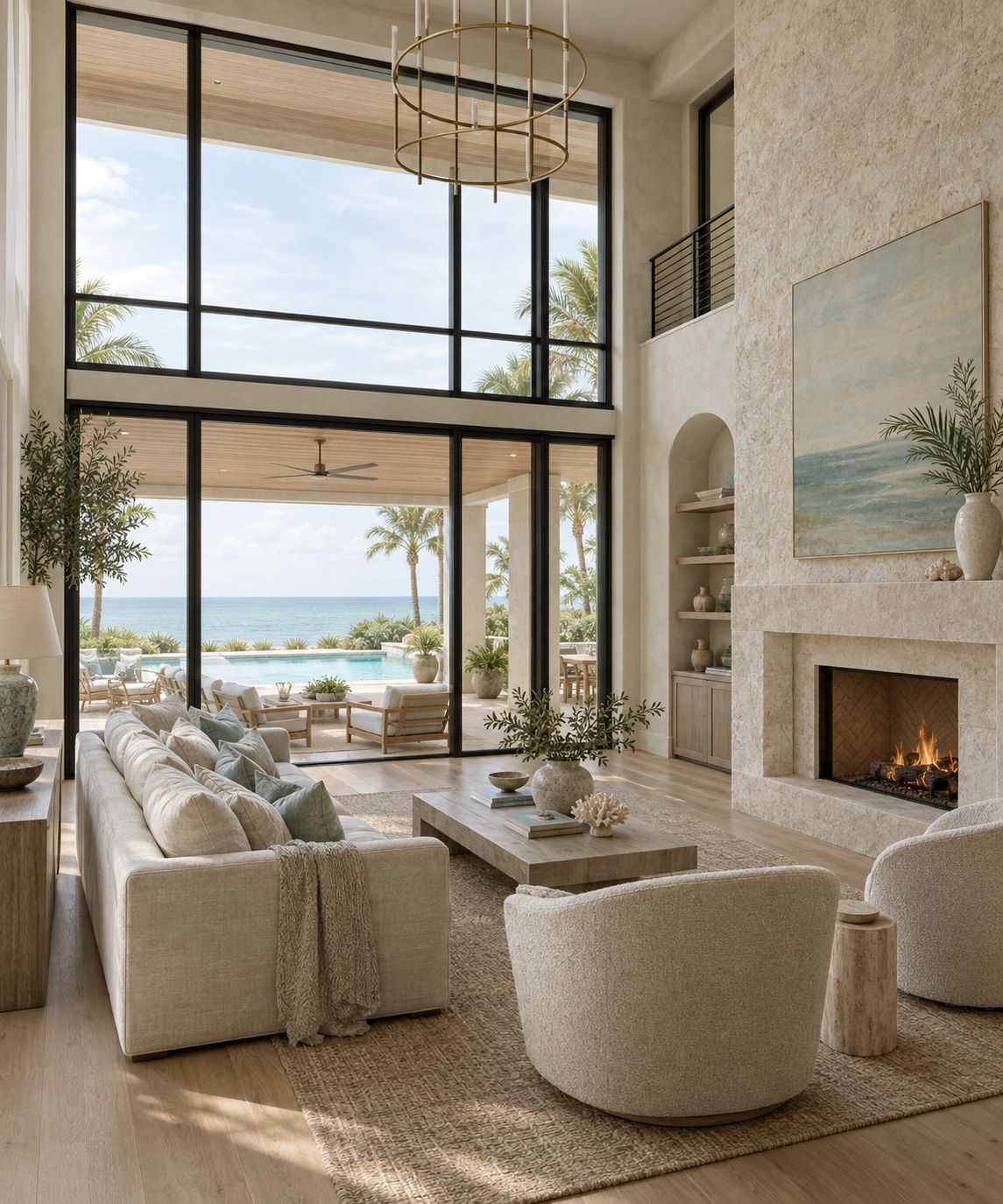 A double-height living room opening to a loggia and pool