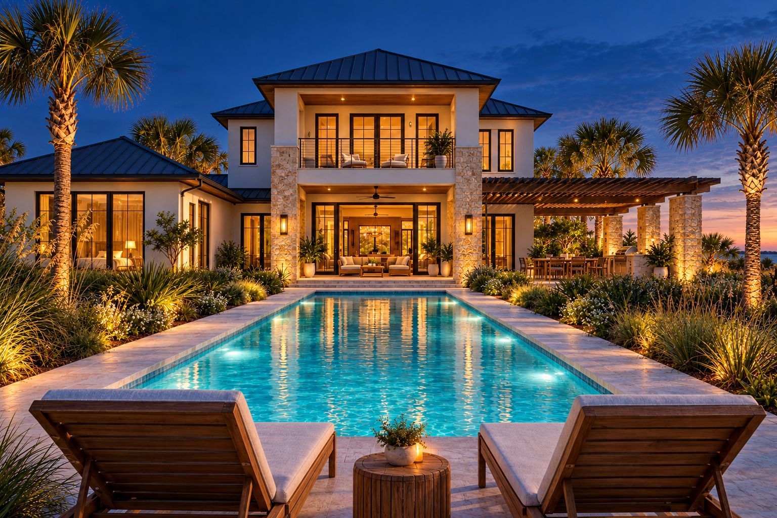 The same home at dusk, windows glowing and pool lit. Illustrative concept render.