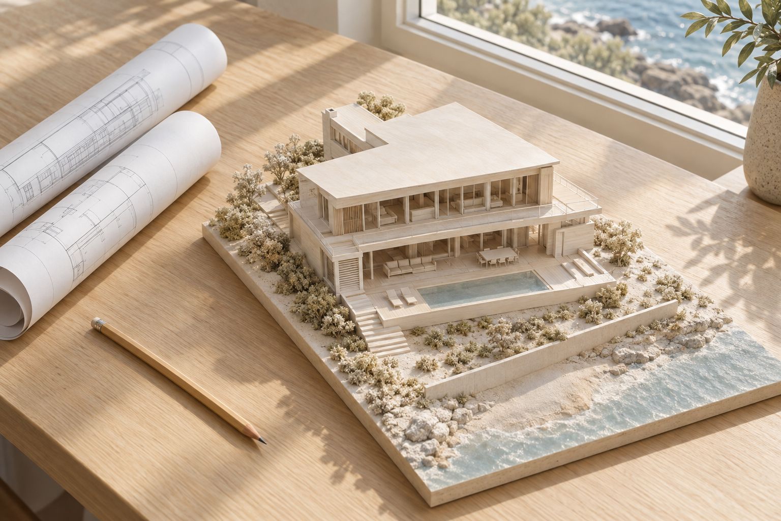 Architect's scale model and rolled drawings on an oak table