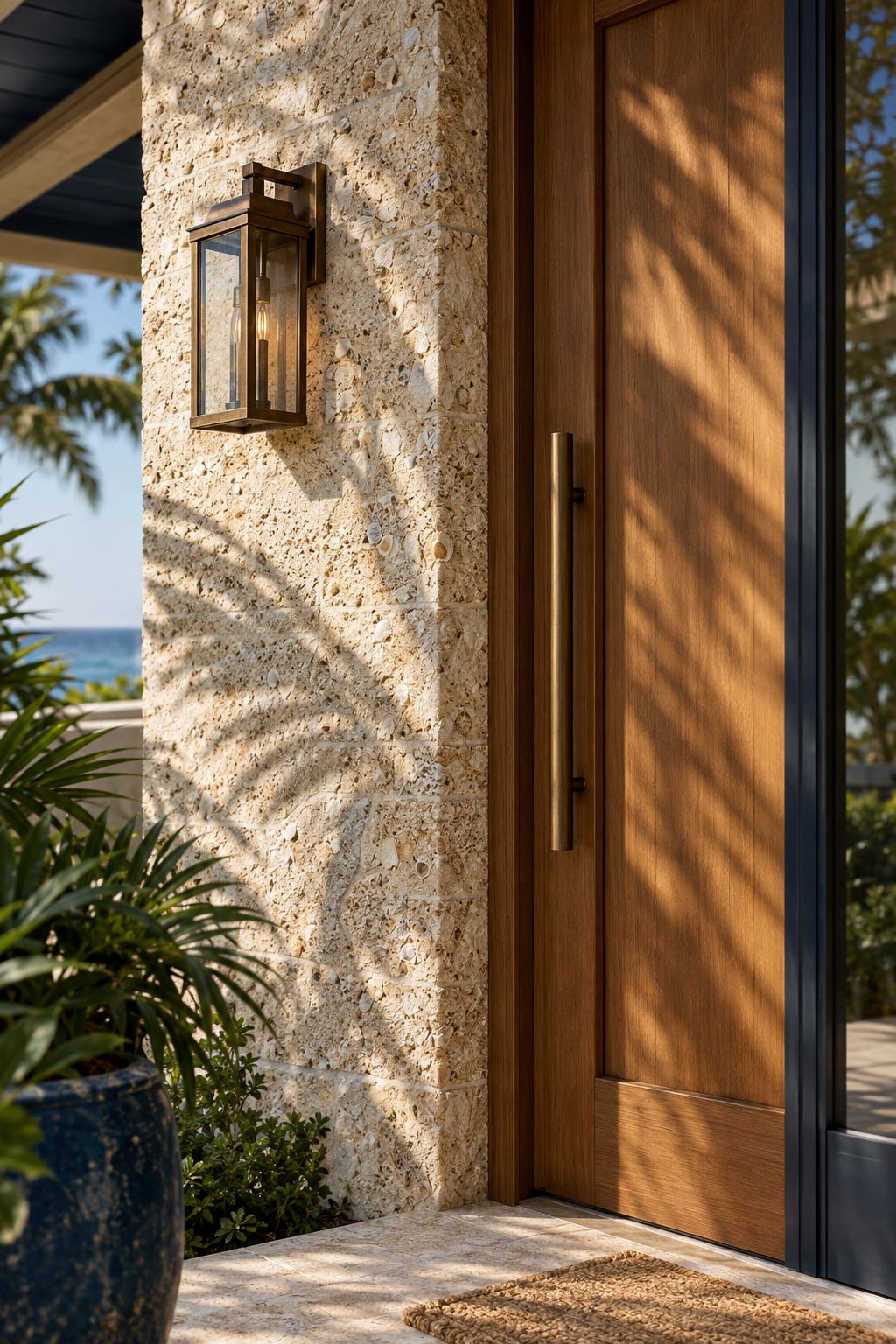 Coquina stone wall with bronze lantern and teak door