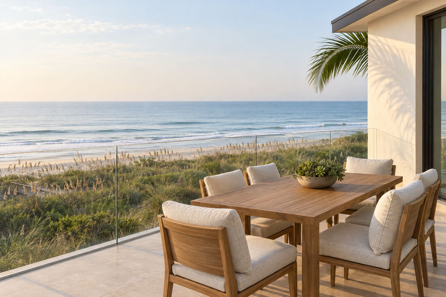 An oceanfront terrace with a teak table overlooking dunes